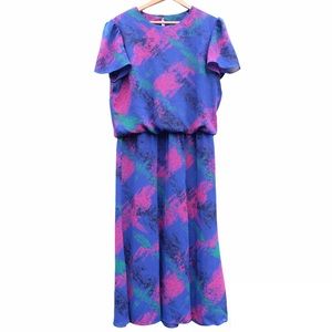 ITEMS True Vintage Retro Blue Purple Short Sleeve Flowy Midi Casual Dress EUC 10